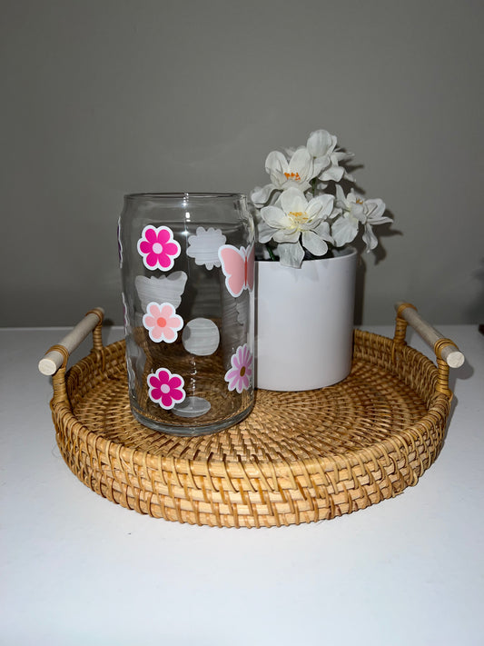 Pink Butterfly 16oz Glass Cup