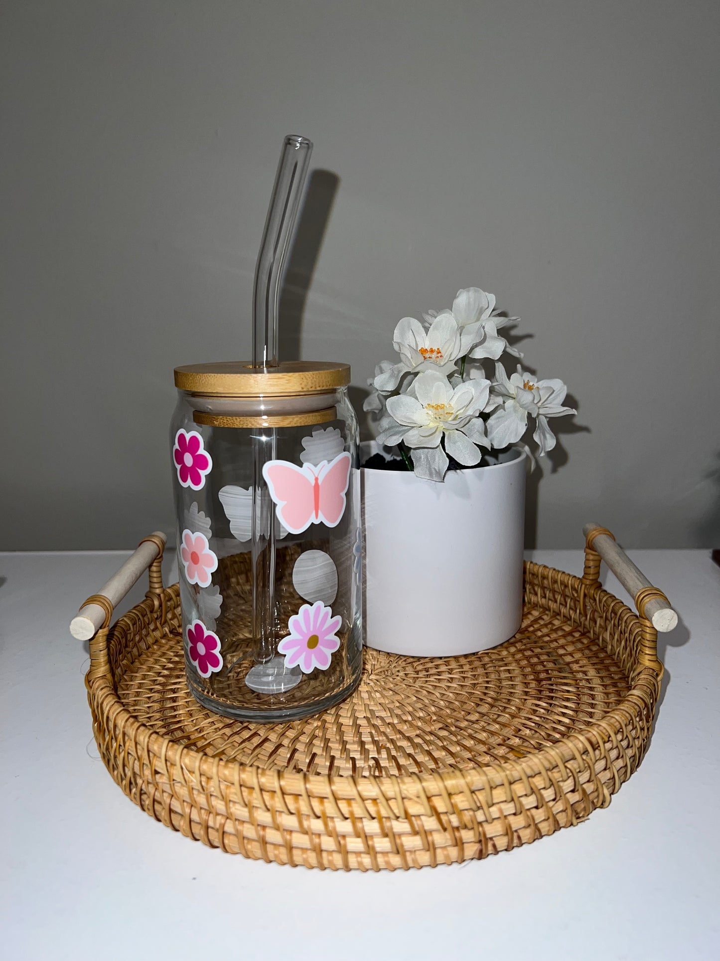 Pink Butterfly 16oz Glass Cup